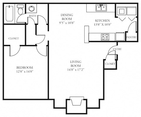 Floor plan for 1 bed, 1 bath, 813 sqft